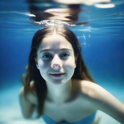 A 25-year-old American girl under the sea with a full body view, featuring white skin and droplets of water on her body