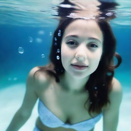 A 25-year-old American girl under the sea with a full body view, featuring white skin and droplets of water on her body