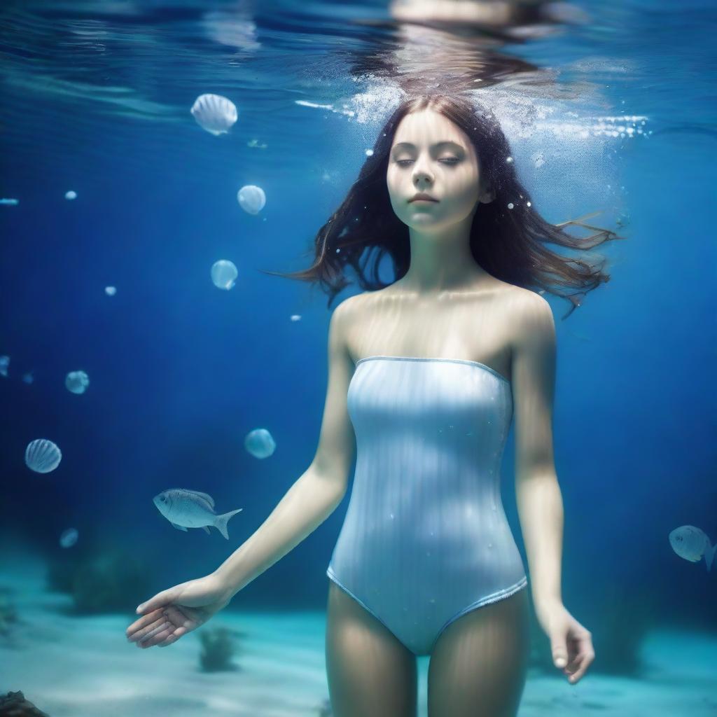 A 25-year-old American girl under the sea with a full body view, featuring white skin and droplets of water on her body