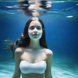 A 25-year-old American girl under the sea with a full body view, featuring white skin and droplets of water on her body