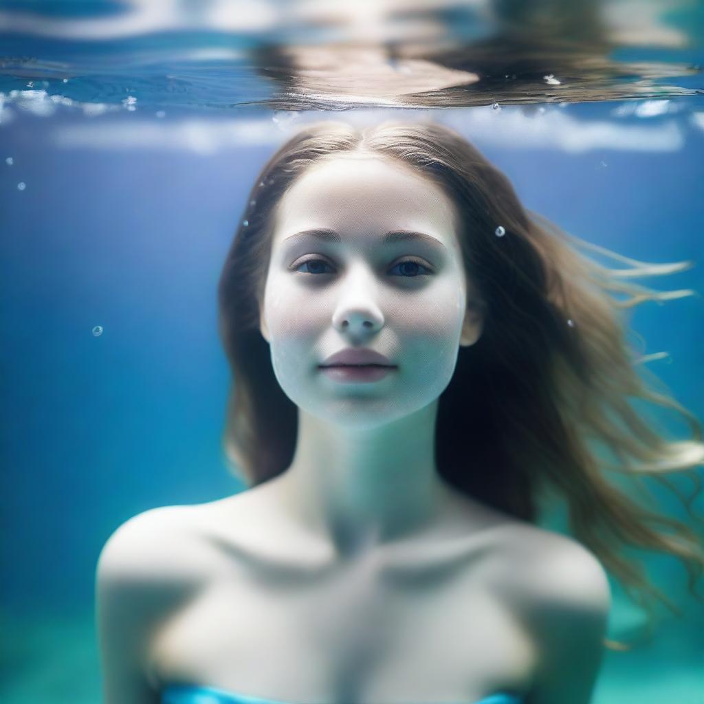 A 25-year-old American girl under the sea with a full body view, featuring white skin and droplets of water on her body