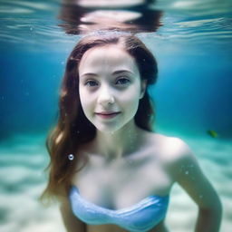 A 25-year-old American girl under the sea with a full body view, featuring white skin and droplets of water on her body