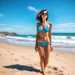 A person wearing a stylish bikini on a sunny beach, with clear blue skies and gentle waves in the background