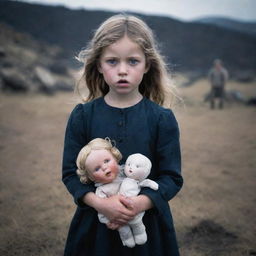 A frightened young girl clutching a doll, standing in sharp contrast against a tumultuous battlefield backdrop