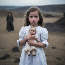 A frightened young girl clutching a doll, standing in sharp contrast against a tumultuous battlefield backdrop