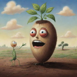 A quirky scene of an anthropomorphic seed engaging in conversation. The seed has expressive features, telling captivating stories of life beneath the soil and dreams of growing into a mighty plant.