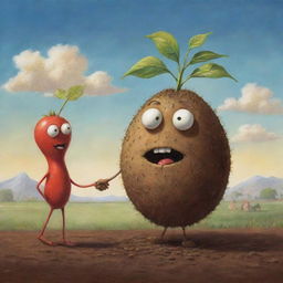 A quirky scene of an anthropomorphic seed engaging in conversation. The seed has expressive features, telling captivating stories of life beneath the soil and dreams of growing into a mighty plant.