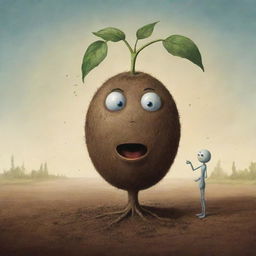 A quirky scene of an anthropomorphic seed engaging in conversation. The seed has expressive features, telling captivating stories of life beneath the soil and dreams of growing into a mighty plant.