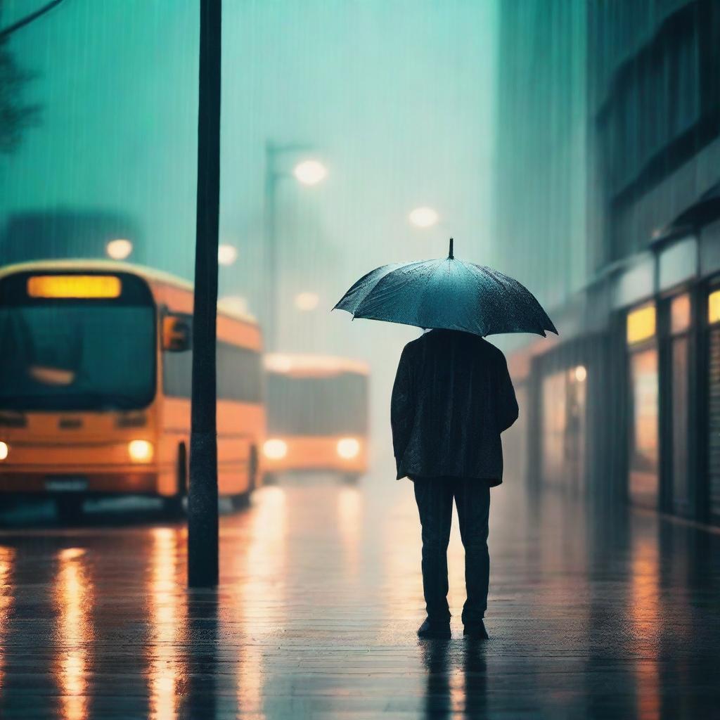 A man holding an umbrella under the rain, waiting for the bus at a bus stop