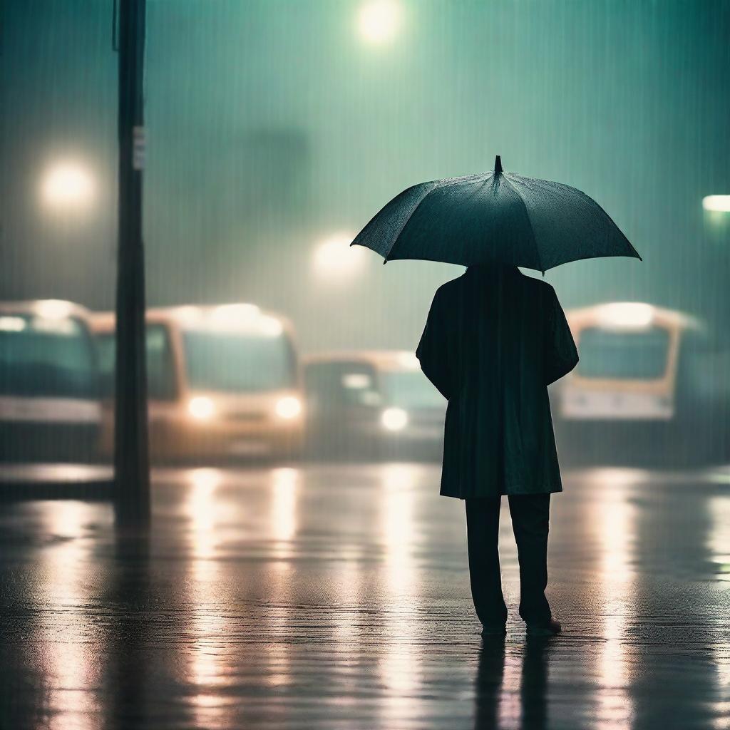 A man holding an umbrella under the rain, waiting for the bus at a bus stop