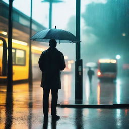 A man holding an umbrella under the rain, waiting for the bus at a bus stop