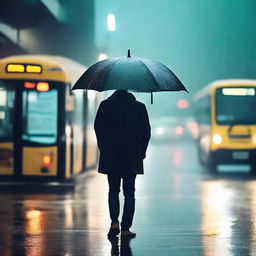 A man holding an umbrella under the rain, waiting for the bus at a bus stop