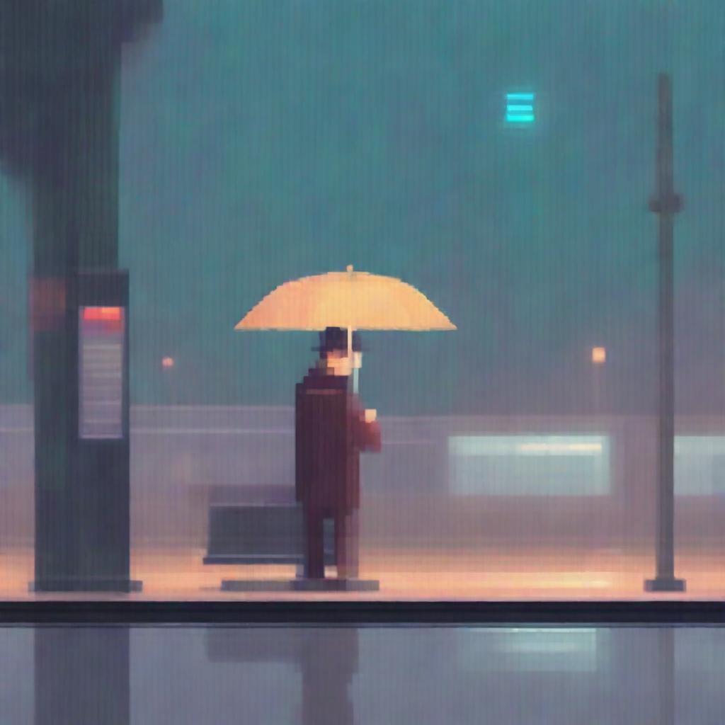 A man holding an umbrella under the rain, waiting for the bus at a bus stop