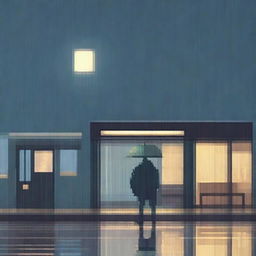 A man holding an umbrella under the rain, waiting for the bus at a bus stop