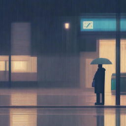 A man holding an umbrella under the rain, waiting for the bus at a bus stop