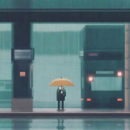 A man holding an umbrella under the rain, waiting for the bus at a bus stop