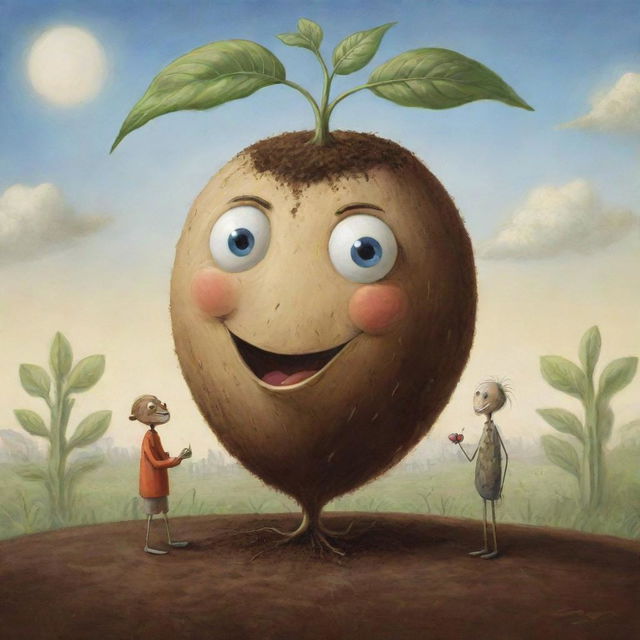 A quirky scene of an anthropomorphic seed engaging in conversation. The seed has expressive features, telling captivating stories of life beneath the soil and dreams of growing into a mighty plant.