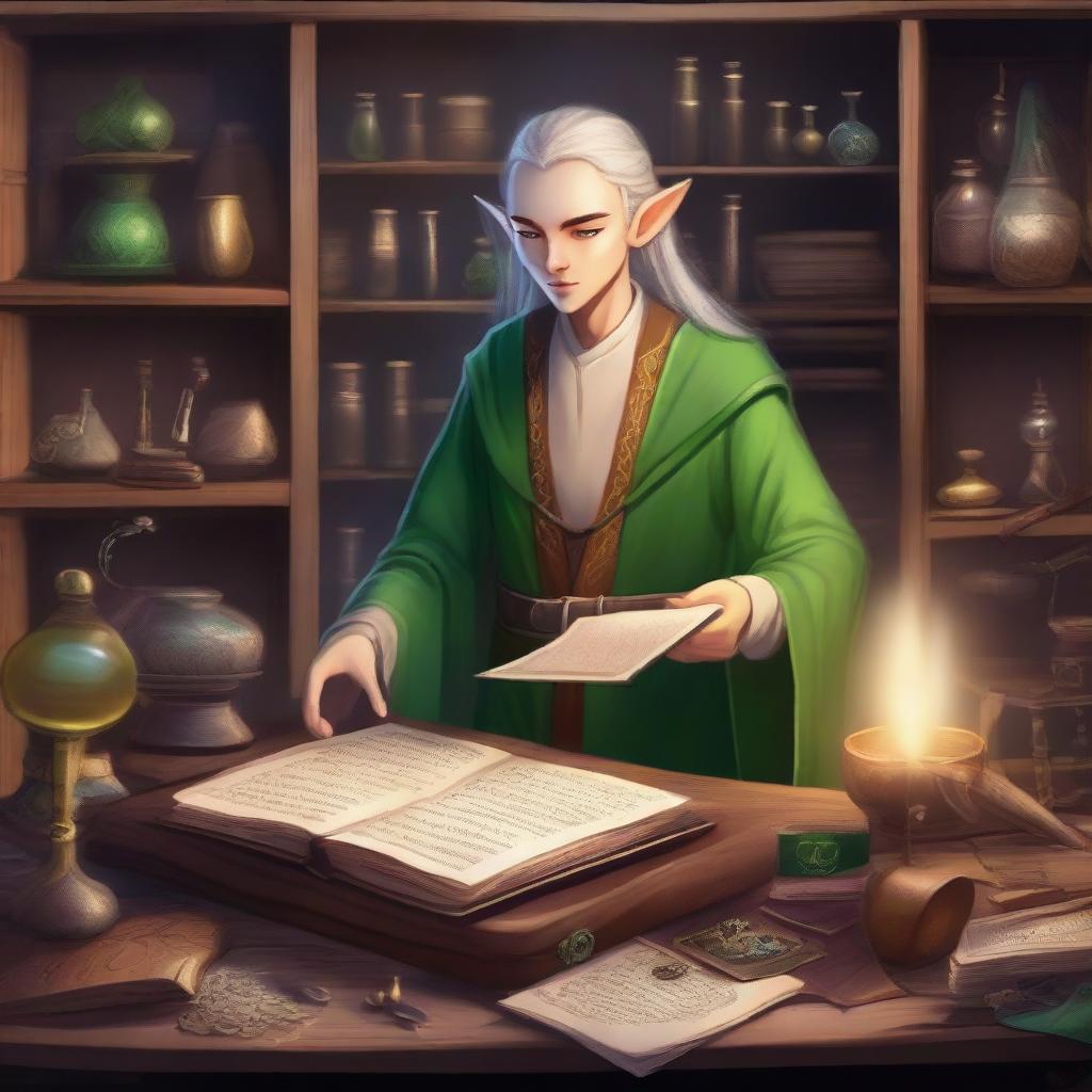 A detailed illustration of an elven artificer in a mystical workshop