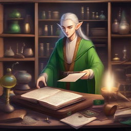 A detailed illustration of an elven artificer in a mystical workshop