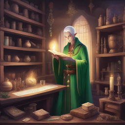 A detailed illustration of an elven artificer in a mystical workshop