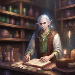 A detailed illustration of an elven artificer in a mystical workshop