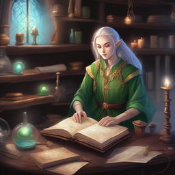 A detailed illustration of an elven artificer in a mystical workshop