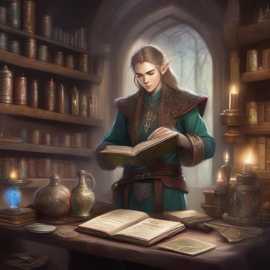 A detailed illustration of an elven artificer in a mystical workshop, now wearing medium armor