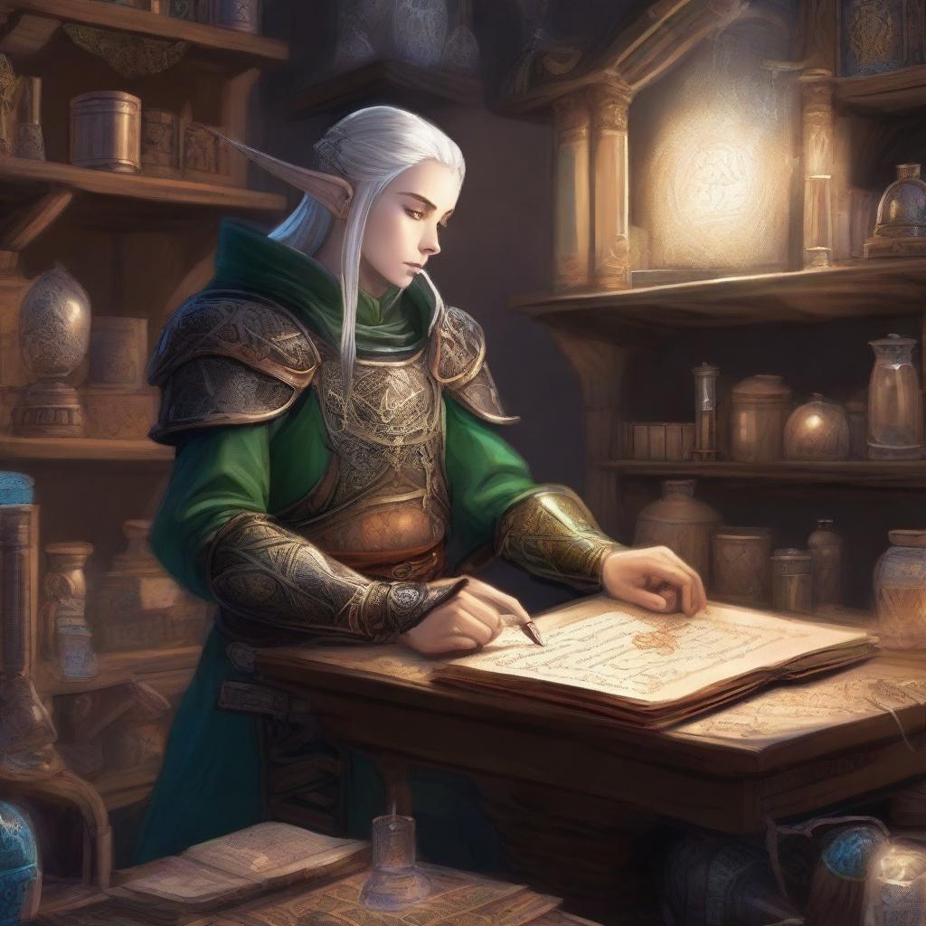 A detailed illustration of an elven artificer in a mystical workshop, now wearing medium armor