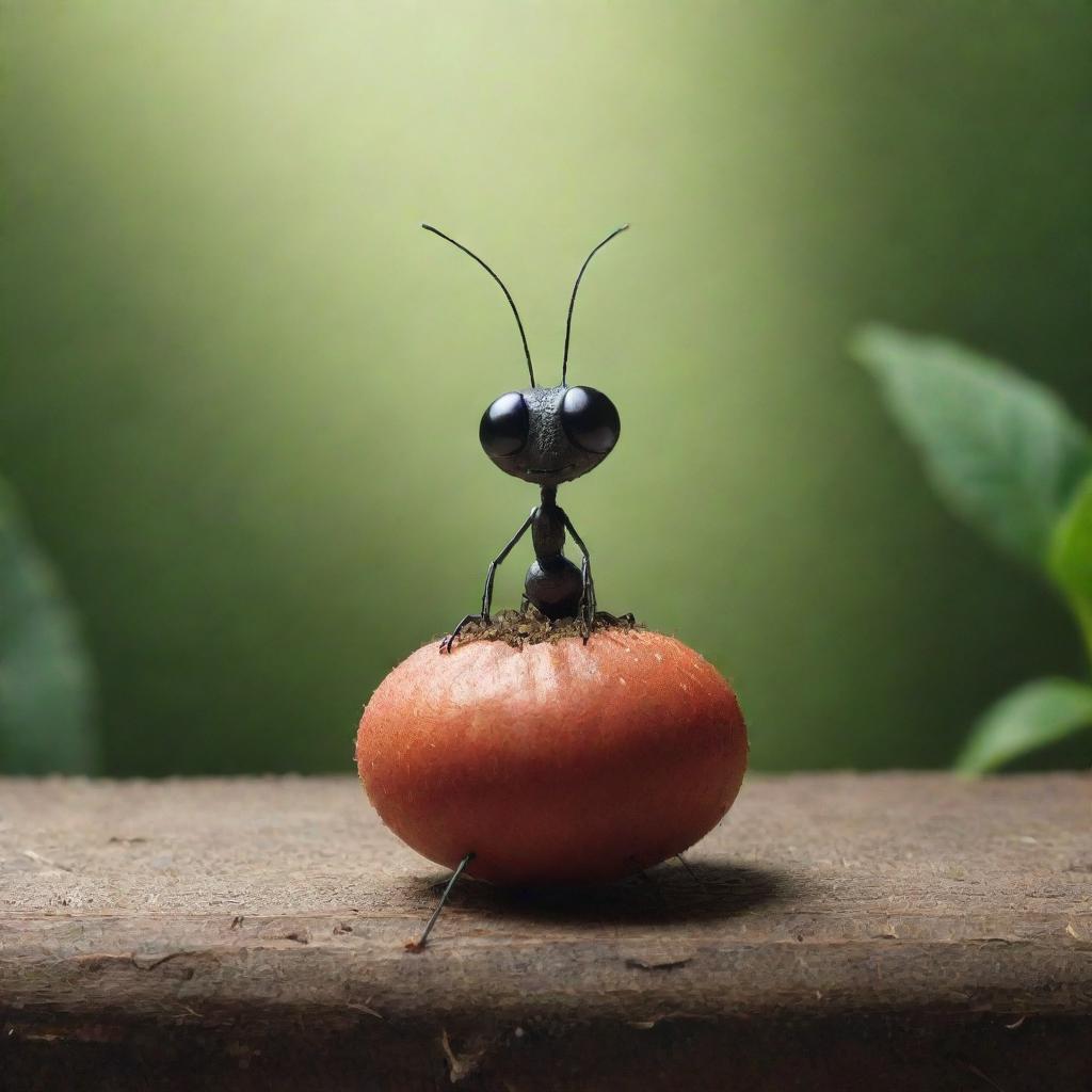 Present an anthropomorphic seed engaged in a solitary dialogue. It discusses its dreams and fears of growing into a plant, its expressive features revealing its thoughts and emotions, all while an attentive ant is conspicuously absent.