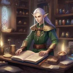 A detailed illustration of an elven artificer in a mystical workshop, now wearing medium armor