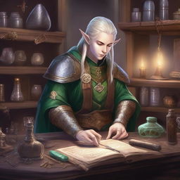 A detailed illustration of an elven artificer in a mystical workshop, now wearing medium armor