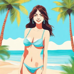 A girl wearing a bikini, standing on a sunny beach with palm trees in the background