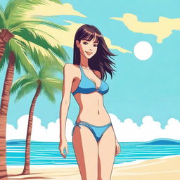 A girl wearing a bikini, standing on a sunny beach with palm trees in the background