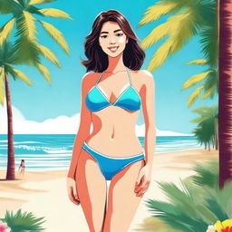 A girl wearing a bikini, standing on a sunny beach with palm trees in the background