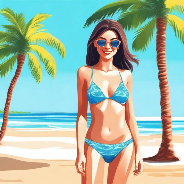 A girl wearing a bikini, standing on a sunny beach with palm trees in the background