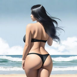 A realistic depiction of a girl wearing a black bikini, standing confidently