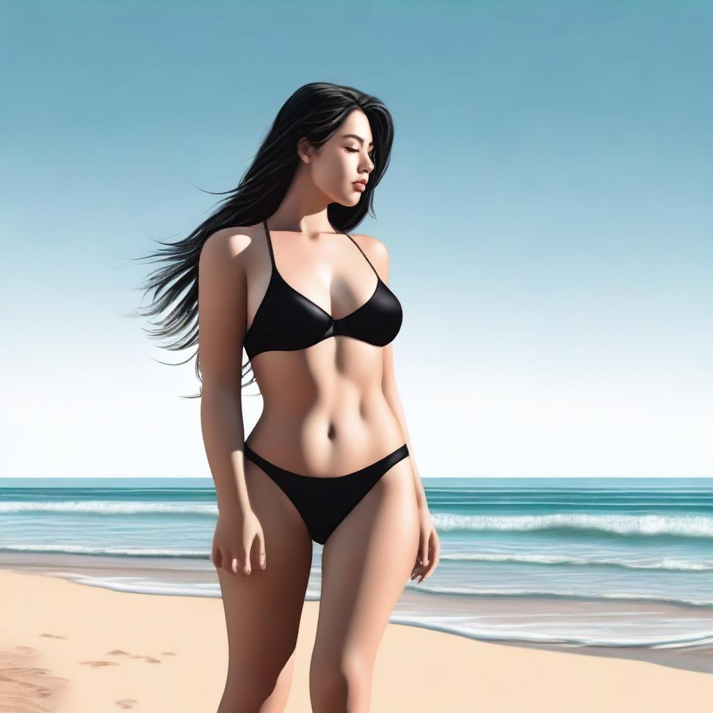 A realistic depiction of a girl wearing a black bikini, standing confidently