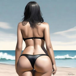 A realistic depiction of a girl wearing a black bikini, standing confidently