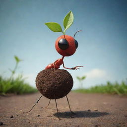 Present an anthropomorphic seed engaged in a solitary dialogue. It discusses its dreams and fears of growing into a plant, its expressive features revealing its thoughts and emotions, all while an attentive ant is conspicuously absent.