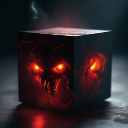 A mysterious and eerie cube with devilish features, glowing red eyes, and dark, smoky textures