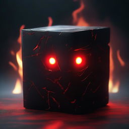 A mysterious and eerie cube with devilish features, glowing red eyes, and dark, smoky textures