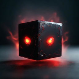 A mysterious and eerie cube with devilish features, glowing red eyes, and dark, smoky textures