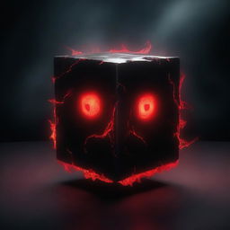 A mysterious and eerie cube with devilish features, glowing red eyes, and dark, smoky textures