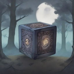 An anime-style cursed cube with intricate, dark runes etched into its surface