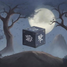 An anime-style cursed cube with intricate, dark runes etched into its surface