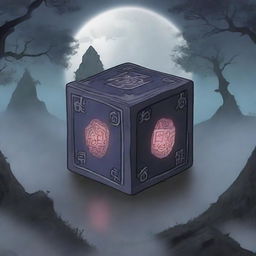 An anime-style cursed cube with intricate, dark runes etched into its surface