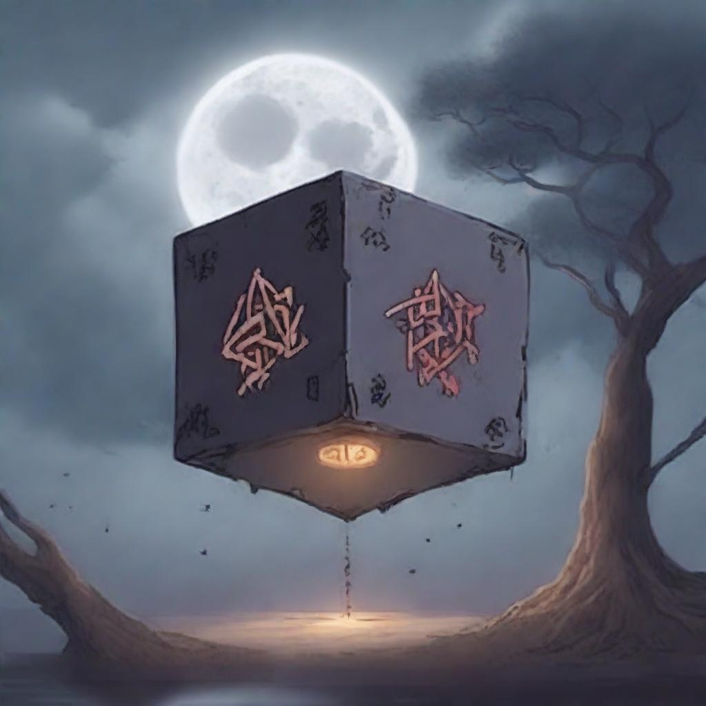 An anime-style cursed cube breaking apart, with dark, intricate runes glowing ominously as it shatters