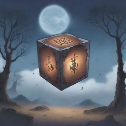 An anime-style cursed cube breaking apart, with dark, intricate runes glowing ominously as it shatters