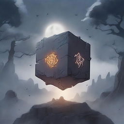 An anime-style cursed cube breaking apart, with dark, intricate runes glowing ominously as it shatters