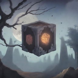 An anime-style cursed cube breaking apart, with dark, intricate runes glowing ominously as it shatters